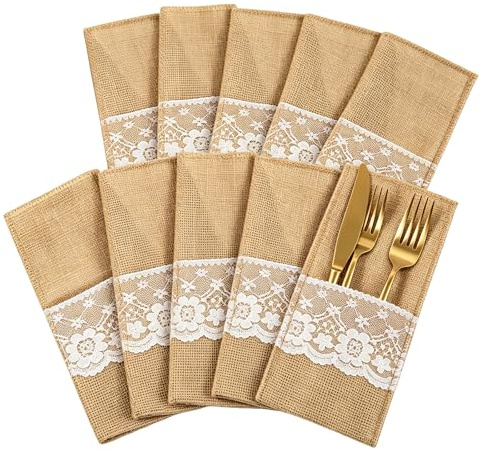 VASANA 10 supporti per posate in iuta da 11 x 21 cm, con fiore in pizzo, coltelli, forchette, sacchetti, tovaglioli, decorazione per feste di nozze