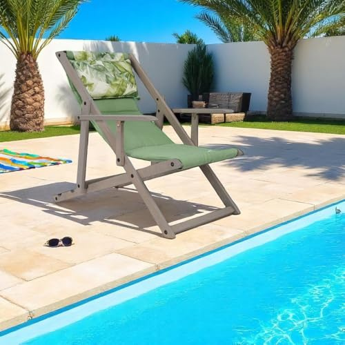 Liegestuhl, zusammenklappbar, aus Buchenholz, mit Polypropylen-Gewebe und gepolstertem Kissen, in 3 Positionen verstellbar, ideal für Garten, Camping und Schwimmbad, hergestellt in Italien, Micos