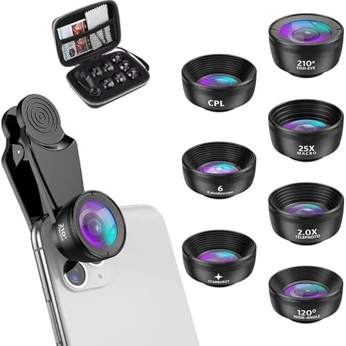 Textiluxe 7 in 1 Linse für Handy Kamera, Fischaugenobjektiv 210° Weitwinkel 120° Makroobjektiv (25x) Sternfilter Telephoto,Kaleidoscope,CPL/Star Filter für iPhone und die meisten Smartphones