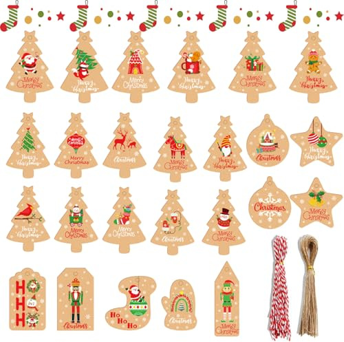 CHIHOLEN 100 Stück Weihnachten Geschenkanhänger Kraftpapier, Weihnachtsbaum Sterne Handschuhe Socken Haus Görmige Etiketten mit Schnur, Christmas Tags für deko weihnachten geschenke (Groß)