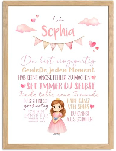 SpecialMe® Affirmationsposter Kinder Wandbilder Kinderzimmer Wanddeko Prinzessin mit Namen personalisiert Mutmacher Geschenk Selbstliebe Weiss