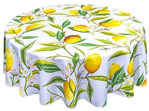 VVA Round Lemon Tablecloth Waterproof Washable Wipeable Resistant Polyester Lemon Tree Flowers Leaves Circular Table Cover for Dining Room Kitchen Holiday Wedding Indoor Outside 70