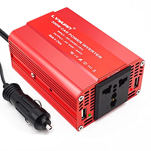 Cantonape 300W Car Power Inverter 12V to 230V 240V Converter, Dual USB 4.8A Charging Ports - Charge Your Laptop, iPad, iPhone, Tablet, Consoles & More - Durable and Powerful,Red Aluminum Body