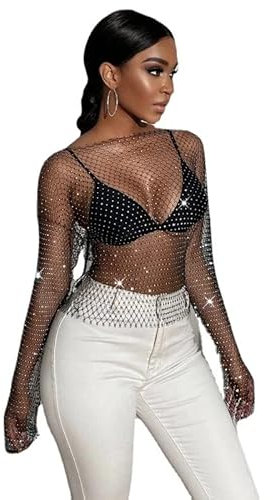 Women's Sheer See Through Long Sleeve Mesh Blouse Tops Pearl Rhinestone Glitter Sequin Tee Shirt Sparkle Clubwear, Black, L