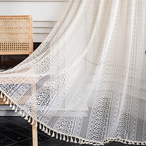 Tospass Vintage Landhausstil Häkeln Stricken Vorhang Boho Bohemien Vorhänge Aushöhlen mit Quaste 2er Set Gardinen Outdoor Baumwolle Gardienen für Wohnzimmer Schlafzimmer Curtains 150x260 cm Beige