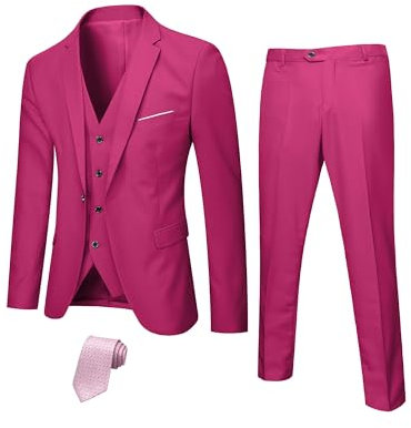 Hihawk, Completo da uomo in 3 pezzi con tessuto elasticizzato, tinta unita, slim fit, con un bottone, giacca, gilet e pantaloni con cravatta, Fucsia, L
