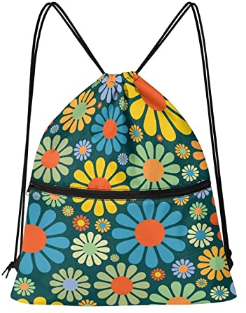 Binienty Turnbeutel mit Kordelzug und Reißverschlussfach vorne, Sport-Reisetasche, leichter Rucksack für Männer und Frauen, Hippie Flower