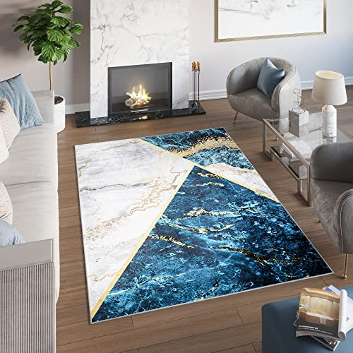 TAPISO Toscana Teppich Bedruckter Teppich Blau Grau Golden Marmor Waschbar rutschfest Wohnzimmer Schlafzimmer Büro Modern Design 160 x 230 cm