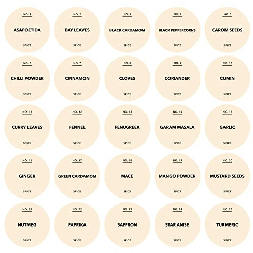 Spice Jar Labels - Water Resistant 37mm Satin Plastic Stickers - Top 25 Indian Spices - Design 1