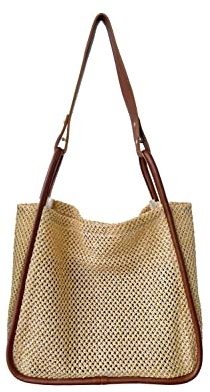 Ulisty Damen Künstliches Stroh Strohtasche Weben Tragetasche Sommer Strandtasche Shopper Umhängetasche Oberer Griff Tasche Handtasche 2 Stück Set kaffee