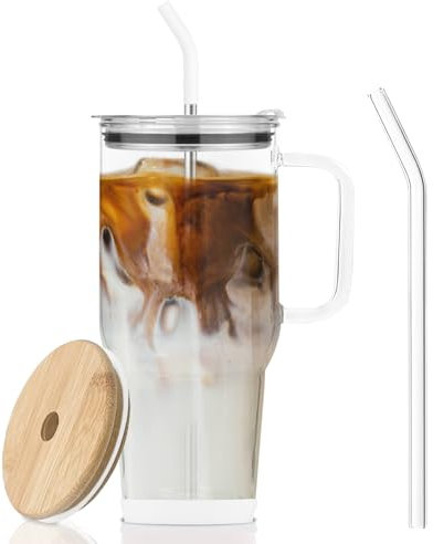 AiHeart 32 oz Glass Tumbler with Straw and Bamboo Lid, Large Capacity Glass Water Cup with Handle,Reusable Iced Coffee Cup with Silicone Coaster,Fits In Cup Holder (White)