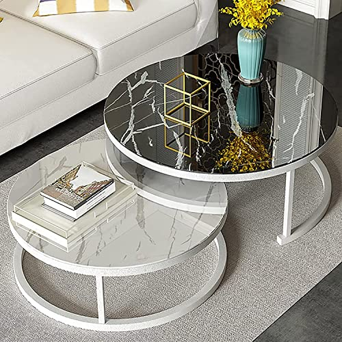 Table Basse Ronde Moderne, Table gigogne en Verre trempé et métal, Table d'appoint, Lot de 2, Table de canapé, Table Centrale de Salon (Couleur : Cadre Blanc, Taille : 81,3 cm + 61 cm)