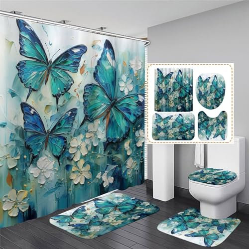 Pretyw Duschvorhang-Set mit rutschfesten Teppichen, Motiv: weiße Blumen, Ölgemälde, Boho, Badezimmer-Set, Badezimmerteppich, Badematte und WC-Vorleger, 4-teilig, Grün / Blau