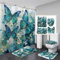 Pretyw Duschvorhang-Set mit rutschfesten Teppichen, Motiv: weiße Blumen, Ölgemälde, Boho, Badezimmer-Set, Badezimmerteppich, Badematte und WC-Vorleger, 4-teilig, Grün / Blau