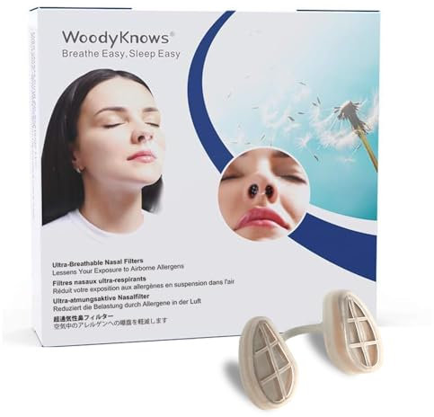 WoodyKnows Filtri nasali ultra-traspiranti, aiuto per le allergie stagionali e alla polvere (Narice Stretta, M, 3 Filtri+12 Sostituzioni)