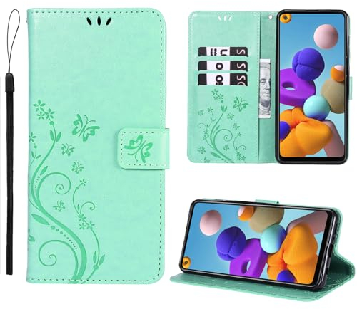 Anshow Lederhülle mit Samsung Galaxy A21S Hülle und Schutzfolie, Handyhülle für Samsung Galaxy A21S, Flip Wallet Hülle Leder Tasche Schutzhülle, Minzgrün