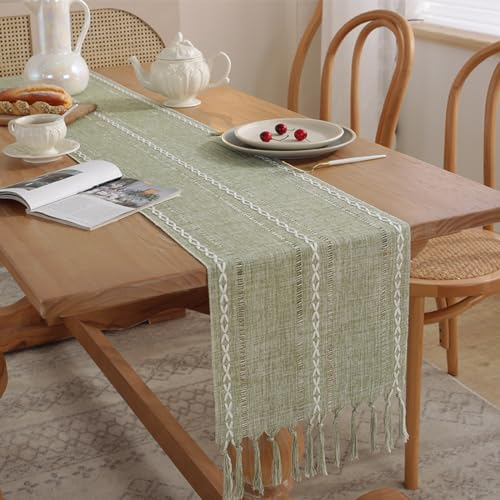 Salbei Grün Makramee Tischläufer, Tischläufer Boho, Tischdecke Leinen, Tischläufer Abwaschbar, Landhausstil Quasten Tischläufer, Böhmische Hochzeit Tabletop Dekor, 33*160cm