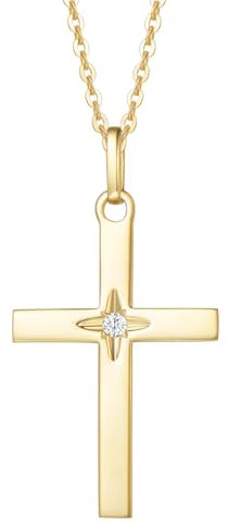 FANCIME Solide 14 Karat 585 Gelb Gold Kette mit Kreuz Christian Anhänger, Klein Minimalist Halskette mit Echt Diamant Schmuck Geschenk für Damen Mädchen, Verstellbar Kettenlänge: 40+5 cm