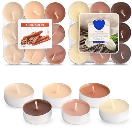 MiCasa SuCasa 36 Teelichter Duft Vanilla & Zimt – 144h Brenndauer aus Paraffin – Kleine Duftteelichter für Party Deko oder Duftlampe – Kerzen Set – Bunte Teelichter in 6 Farbtönen