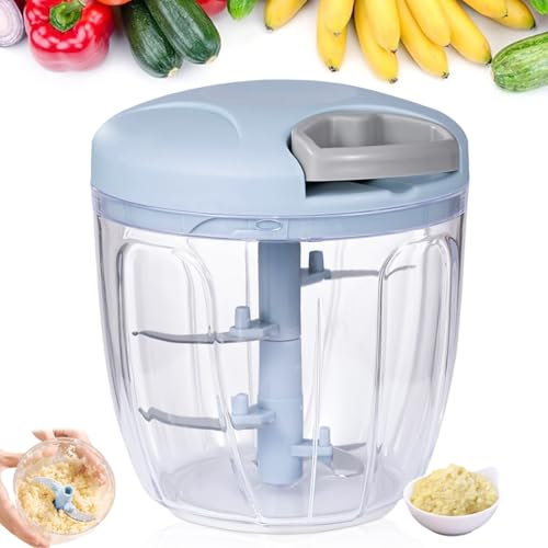Vegetable Chopper 900ml - Multi-Function Manual Food Processor - Hand-Pull Design with Handle & Lid - Slicer, Dicer & Blender for Onion, Garlic, Peppers, Fruits, Nuts, Herbs (Blue)