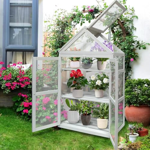 Discoball Double-Door Wooden Greenhouse Plant Stand Cabinet – 3-Tier Flower Planter Shelf Grow House with Adjustable Roof, Lockable Doors, Outdoor Polycarbonate Storage for Plants & Vegetables