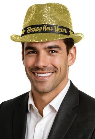 FIESTAS GUIRCA | Gangster-Hut Happy New Year mit goldenen Pailletten - Partyhut für Silvester- und Weihnachtsfeiern - Kostümzubehör für Partys und Events - Schwarz
