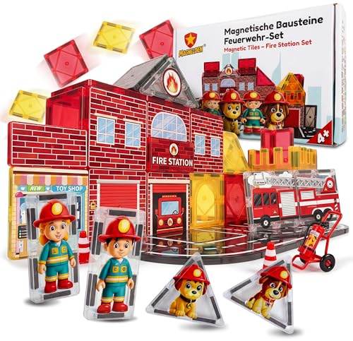 MAGHELDEN Magnetische Bausteine Feuerwehr Set 70 Teile - Magnetbausteine mit starken Magneten & integrierten Feuerwehr-Motiven - Konstruktions- & Rollenspielzeug mit Zubehör für Kinder ab 4 Jahren