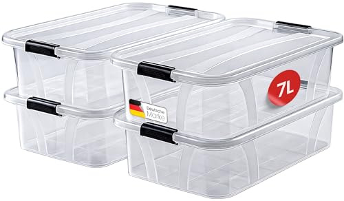 KONZEPT Aufbewahrungsbox mit Deckel, 4er-Set, 7 L, verstärkt & stapelbar | Mit stabilisierenden Rippen & Verschlussclips – verschiedene Größen von 7 bis 80 L, für Haushalt, Büro, Keller & Schrank