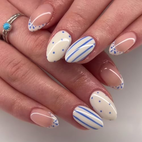 Tupenofif Ongles à coller, forme amande et faux ongles, motif bleu blanc à pois et rayures, style porcelaine méditerranéenne, kit manucure autocollant brillant 24 pièces