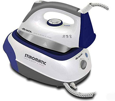 Ariete stiromatic silver line 5579 - Centro de planchado de 2200 W, 3.5 bar, autonomía ilimitada, suela cerámica, vapor vertical, depósito 0.9 l, blanco y azul