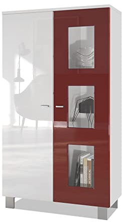 Vladon Vitrine Denjo, Made in Germany, Standvitrine mit 2 Türen und 3 Glaseinsätzen, Weiß matt/Weiß Hochglanz (71 x 129 x 35 cm)