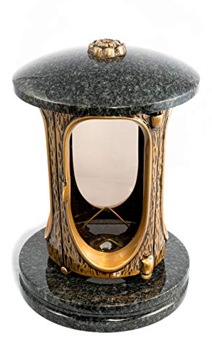 Elegante lanterna funeraria Elégant granito Impala scuro, altezza 23 cm, diametro 15 cm, lampada funeraria in granito, lanterna in bronzo con base