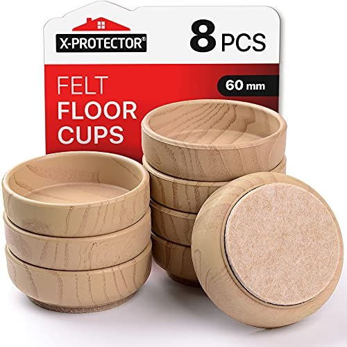 Felt Floor Cups X-Protector – Furniture Felt Castors Cup 8 PCS Ø60mm – Floor & Furniture Protector Cups for Chair & Sofa Legs – Prevent Scratches with Our Non Slip Wooden Coasters for Hardwood Floor!
