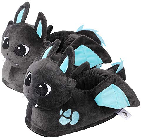 corimori EU Einheitsgröße 44-48, Coole Plüsch-Pantoffeln, Spark der Drache, Unisex Slipper, lustige Drachen-Hausschuhe für Erwachsene, witzige Tier-Pantoffeln, Anthrazit
