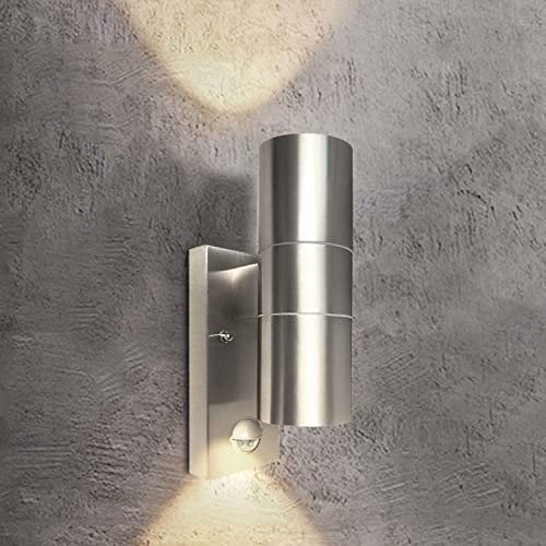 EXTRASTAR Outdoor Wall Lights PIR Motion Sensor, GU10 Base Double Up Down Exterior Wall Sconce, IP44 Stainless Steel Outdoor Wall Light for Garden, Patio, Balcony, Porch, Garage(Bulb not Included)