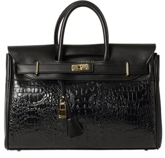 Mac Douglas - Sac à Main Effet Croco Noir - Le Pyla de la Collection Meryl - Taille XS : 34,5 x 25 x 12,5 cm – Pendentifs Cadenas et Clé - 3 poches intérieure dont une zippée - Bandoulière Amovible