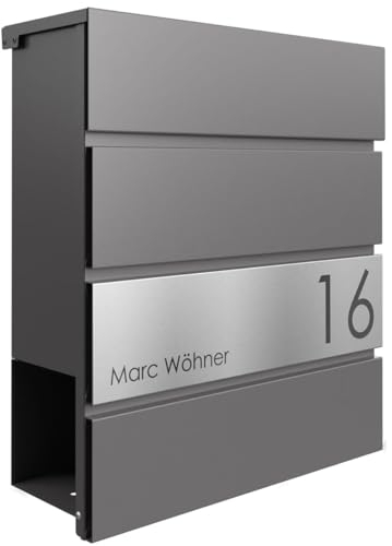 Briefkasten Manufaktur Design Briefkasten Kant Edition mit Zeitungsfach - Elegance 1 individuell mit Ihrem Namen & Hausnummer (DB 703 eisenglimmer)