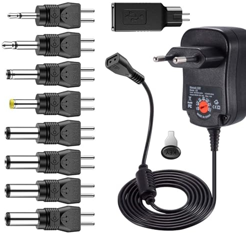 Polarité Réversible 12W Adaptateur Secteur Universel AC à DC 3V 4.5V 5V 6V 7.5V 9V 12V 1A Transformateur d'alimentation à Découpage avec 9 Connecteurs DC pour électroniques Ménagers, 1000mA Max