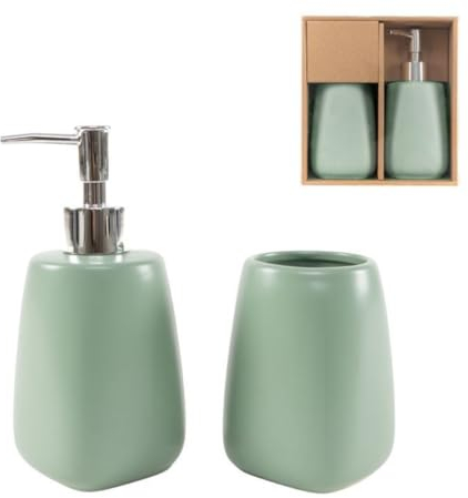 ROCKING GIFTS Juego de Baño Cerámica Verde Agua (2 Piezas): Dispensador de Jabón con Bomba y Vaso para Cepillo de Dientes, Gres Esmaltado, Accesorios de Lavabo