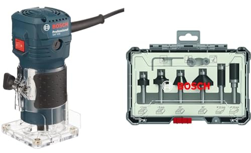 Bosch 06016A0020 550W-GKF 500 Fresadora de cantos + Set de Brocas Fresadoras para Recortes y Bordes de 6 Piezas (para madera, vástago de Ø 8 mm, Accesorios Fresadoras)