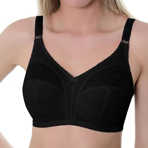Gemm Ladies Black Non Wired Lace Trim Plus Size Bra with Large Cup Sizes Full Firm Support (34 D, Black)