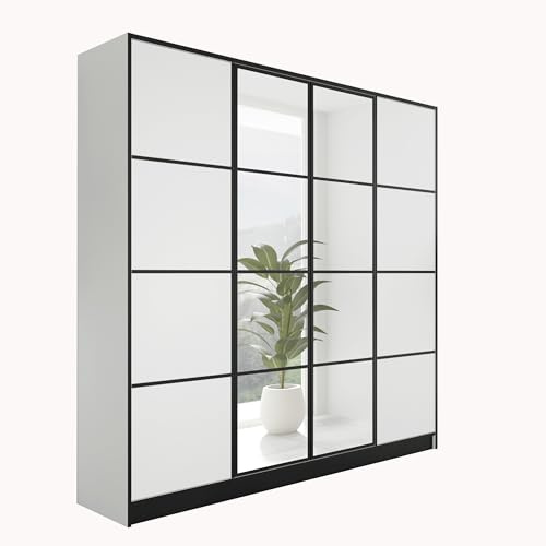 KIER FURNITURE Kleiderschrank mit Spiegel - Schrank Schlafzimmer - Garderobenschrank Flur Diele - Ausziehbare Kleiderstange - Eden v2 - BxHxT 206,4x205x39cm - 4 Türen - Craft Eiche