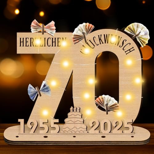 GothicBride 2025 Deko 70 Geburtstag Frau Deko, 70 Geburtstag Mann Geschenke Holz-Schild mit LED, 70. Geburtstag Frau Gästebuch Geldgeschenke Geburtstag Deko, Personalisierbares Geschenk