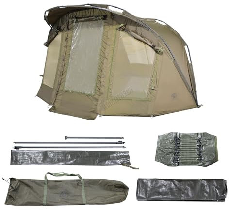 CARPZILLA Fishing Bivvy 1 Mann mit Tür und Fenstern, wasserdichter 210D PU-Aluminiumrahmen, tragbarer Outdoor-Unterstand, Camping, Angelzelt, Unterschlupf, Karpfenausrüstung, Bodenplane, Tragetasche,