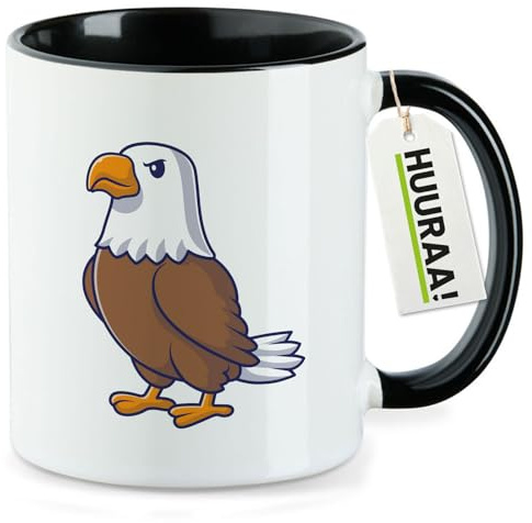 Huuraa Kaffeetasse Adler Comic Geschenk | Motivtasse 330ml Schwarz Keramik Tasse mit Spruch Kaffeebecher Geschenkidee Becher mit Motiv