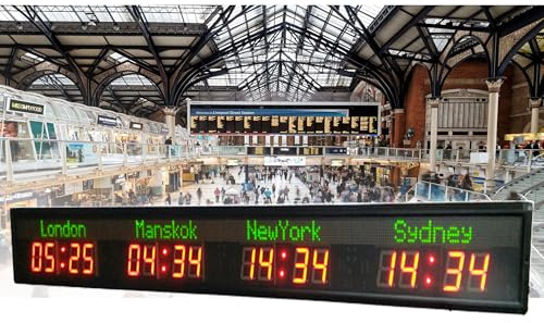 Reloj mundial, reloj digital LED a todo color con múltiples zonas horarias, reloj de pared con hora mundial para 3/4/5/6 ciudades, 5 niveles de brillo, para hoteles, empresas y aeropuertos, 4 horas