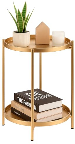 JF HOME BLISS Round Side Table with 2-Tier Storage Modern Metal End Table with Removable Tray Small Coffee Table for Living Room Bedroom Balcony Patio (Gold)