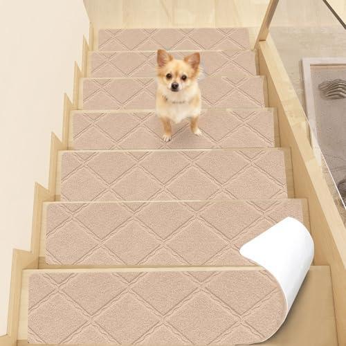 YushengTai Treppenstufen Matten, 15 Stück Treppenteppich Selbstklebend rutschfest, Wiederverwendbar Stufenmatten Zum Schutz von Haustieren und Älteren Kindern (Beige, 76 cm x 20 cm)