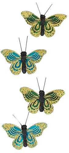 Aimants Plumes pour Rideaux, décor Papillon koh Samui, Couleurs Bleu et Vert foncé, 4 Papillons