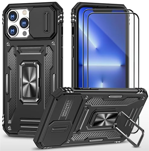 CLYDITE para Funda iPhone 14 Pro MAX Carcasa Silicona Negro con Cristal Templado [2 Piezas] Cubierta de cámara Deslizante TPU 360 Grados Anillo Giratorio Soporte Coche